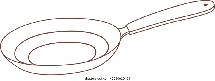 Hand drawn illustration of an empty frying pan with a wooden handle, showing concentric circles inside, representing its shape and readiness for cooking