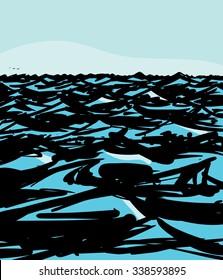 Hand drawn illustration of empty ocean waves background