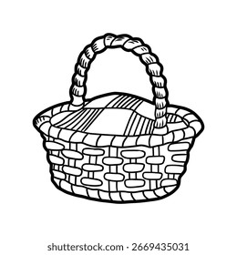 Ilustração desenhada à mão de uma cesta de vime vazia com um pano quadriculado e um cabo de corda resistente, isolado em um fundo branco, representando conceitos de armazenamento, piqueniques e artesanato tradicional