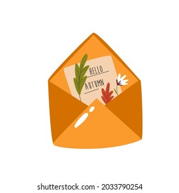 Hand drawn illustration of an envelope with leaves and note inside. Hello autumn concept