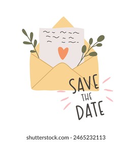 Hand drawn illustration of envelope with paper and text Save the date isolated on white background