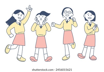 ilustración dibujada a mano de niñas escolares emocionantes. dibujo de Vector estilo caricatura.  