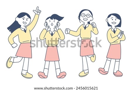 hand drawn illustration of exciting school girls. cartoon style vector drawing.  