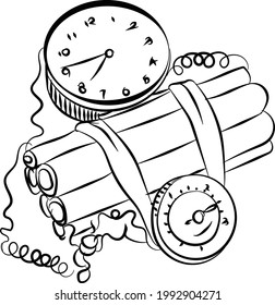 ilustración a mano de una bomba explosiva o dinamita con temporizador, a punto de soplar, en un vector estilo doodle. 