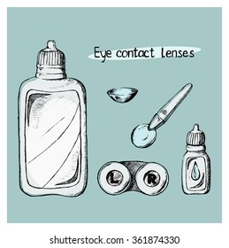Hand drawn illustration of eye contact lenses and accessories, vector illustration