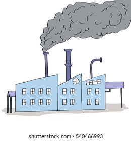 Hand drawn illustration of factory with black smoke rising from chimney