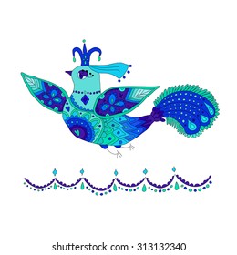 Hand drawn illustration of a fairy bird and a seamless border. Blue and green colors. 