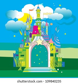 Hand drawn illustration of a fairytale castle on a green meadow under a blue cloudy sky of a starry night