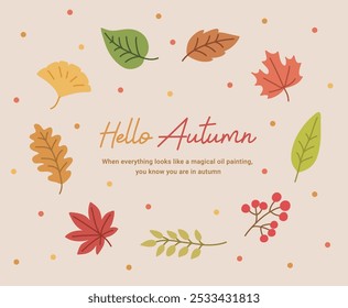 Hand drawn illustration of a fall concept fallen leaves border frame. Surrounded by various colored autumn leaves such as fallen leave, ginkgo and maple.