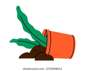 Hand drawn illustration of fallen plant in pot. Flat vector houseplant care doodle. Spring cleaning or gardening icon. Mess or accident. Fragility of nature. Make a mistake. Isolated.