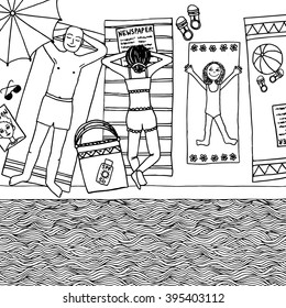 Hand drawn illustration of a family with daughter lying at the swimming pool, top view