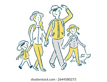 Hand drawn illustration of a family of four hiking and their dog (few colors)