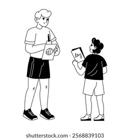 A hand drawn illustration of a fan taking an autograph from volleyball player 

