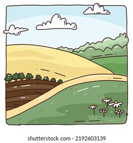 Hand drawn illustration with farm background. Vector illustration. cute field.