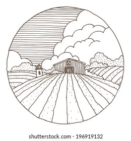 Hand drawn illustration of a farmstead and fields. EPS 10. No transparency. No gradients.