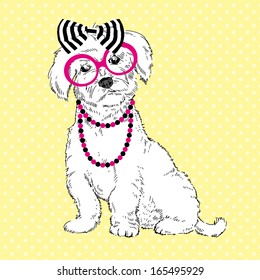 Hand Drawn Illustration of Fashion Doggy in striped bow, pink glasses and chaplet isolated on polka dots background 