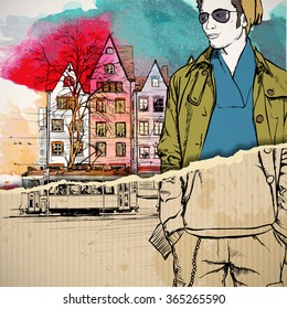 Hand drawn illustration of fashion dude in sketch style on the torn paper. Vector