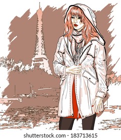 Hand drawn illustration with a fashion girl