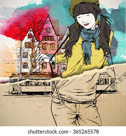 Hand drawn illustration of fashion girl in sketch style on the torn paper. Vector