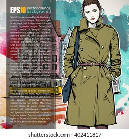 Hand drawn illustration of fashion girl in sketch style. Place for text. Vector