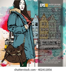 Hand drawn illustration of fashion girl in sketch style. Place for text. Vector
