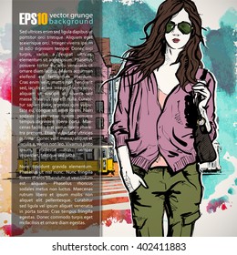 Hand drawn illustration of fashion girl in sketch style. Place for text. Vector