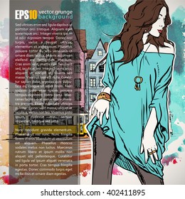 Hand drawn illustration of fashion girl in sketch style. Place for text. Vector