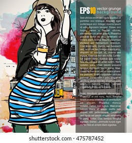 Hand drawn illustration of fashion girl in sketch style. Place for text. Vector