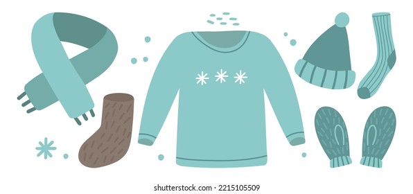 Hand drawn illustration of fashion scarf, sweater, mittens, boot and socks. Isolated element on white background. Winter clothes.