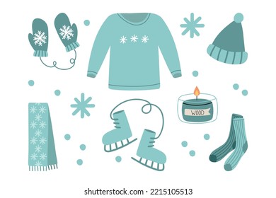 Hand drawn illustration of fashion scarf, sweater, mittens, boot and candle. Isolated element on white background. Winter clothes.