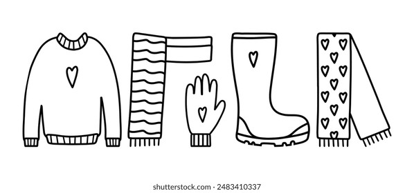 Hand drawn illustration of fashion scarf, sweater, grove, boot and umbrella