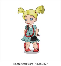 Hand drawn illustration of fashionable Little Girl trying to look like her mother in big high heels shoes. Bright makeup, red beads and handbag included - isolated stock vector