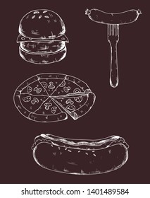 Hand drawn illustration of fast food on dark background. Includes burger, pizza, hot dog, sausage.