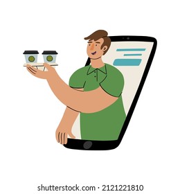 Hand Drawn Illustration Of Fast Food And Beverage Order On Mobile Phone. Delivery Guy Thru Out Of Cell Phone, Hold Out Hand With Coffee Cups. Online Meal Ordering Concept.