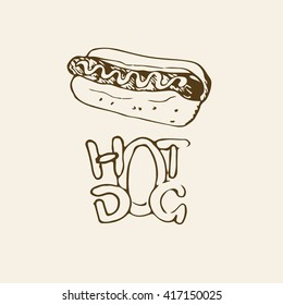 Hand drawn illustration. Fast food design element, sketch of hotdog with sauce or mayonnaise and stylized label. Can be used for a logo. Monochrome EPS8 vector graphics.