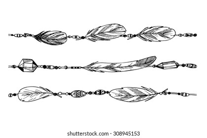 Hand drawn illustration - feathers and beads. Tribal design element. Vector