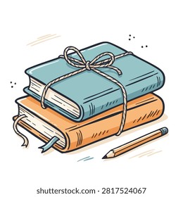 A hand drawn illustration featuring a blue book stacked on an orange book tied together with a simple string with a pencil lying beside them.