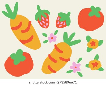 Hand drawn illustration featuring carrots, tomatoes, strawberries, and small flowers as separate decorative elements inspired by farmers market and fresh produce themes.