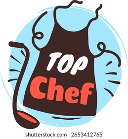 Ilustração desenhada à mão com um avental de chef com as palavras Top Chef e uma concha, simbolizando a experiência culinária e paixão por cozinhar