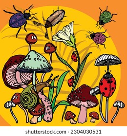 Hand drawn illustration featuring cluster of assorted colourful wild mushrooms, flowers, snail, beetles and bugs