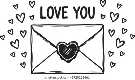 Ilustración dibujada a mano con un sobre con un sello de corazón, rodeado de corazones, y las palabras "LOVE YOU" para el romance.
