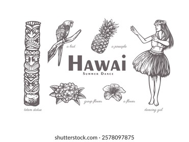 hand drawn illustration featuring Hawaiian summer dance elements. This artwork beautifully highlights traditional dance poses, floral leis, tropical foliage, and cultural symbols