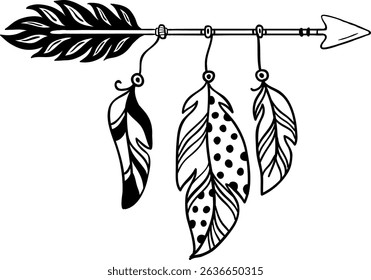 Hand drawn illustration featuring an intricately designed arrow embellished with three hanging feathers, embodying a boho aesthetic with its chic and tribal patterns