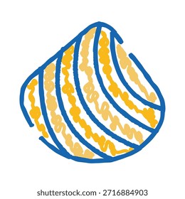 Ilustración dibujada a mano con una concha marina con contornos azules y patrones amarillos ondulados, que representan un simple elemento de Diseño gráfico para verano, playa o temas marinos