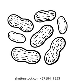Uma ilustração desenhada à mão com vários amendoins espalhados por um fundo branco