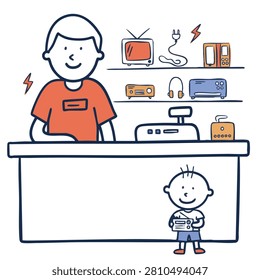 Hand drawn illustration featuring a shop clerk behind a counter with a child holding a small radio in an electronics store setting