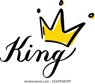 Hand drawn illustration featuring a stylized yellow crown above the word King in elegant black script, symbolizing royalty, power, and leadership