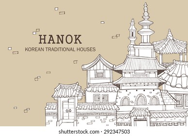 Hand drawn illustration featuring traditional houses and buildings called Han-ok.
Korean style architecture of palace, city wall, ramparts and tower.