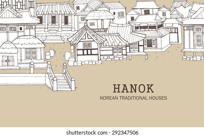 Hand drawn illustration featuring traditional houses and buildings called Han-ok.
Korean style architecture of thatched house and tile-roofed house.