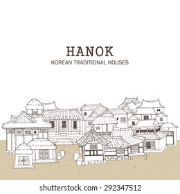 Hand drawn illustration featuring traditional houses and buildings called Han-ok.
Korean style architecture of thatched house and tile-roofed house.